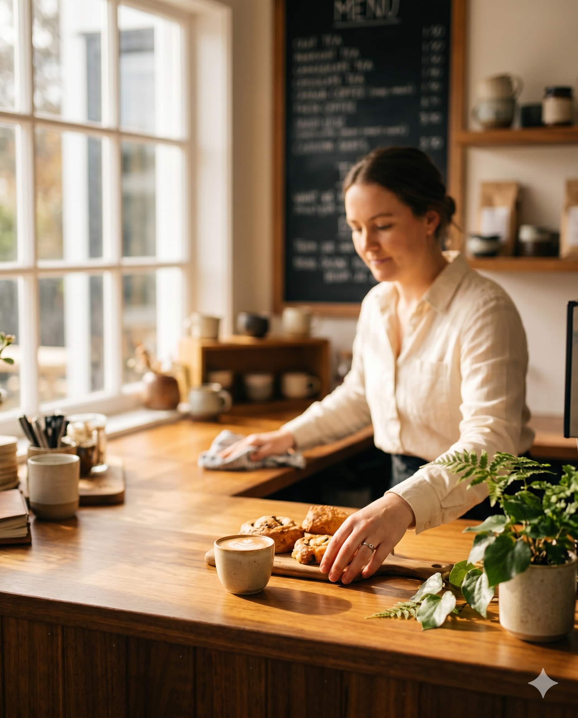 A New Zealand cafe owner at her counter in warm morning light