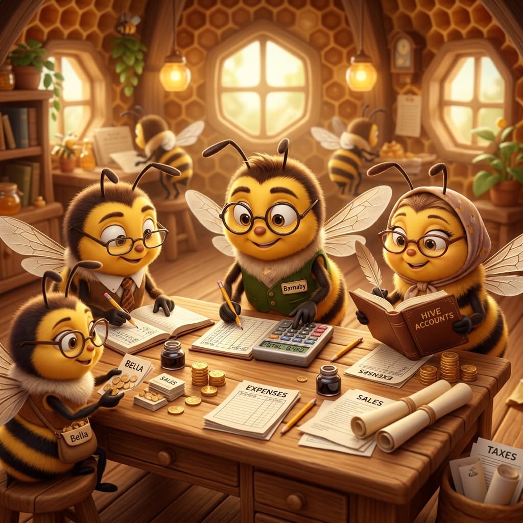Friendly animated bees doing bookkeeping