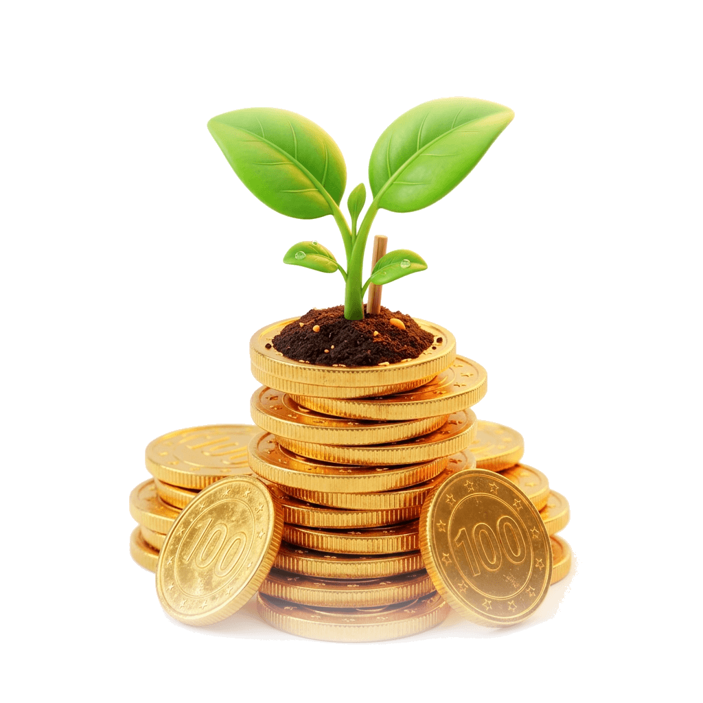 3D icon of a vibrant green plant sprouting from gold coins