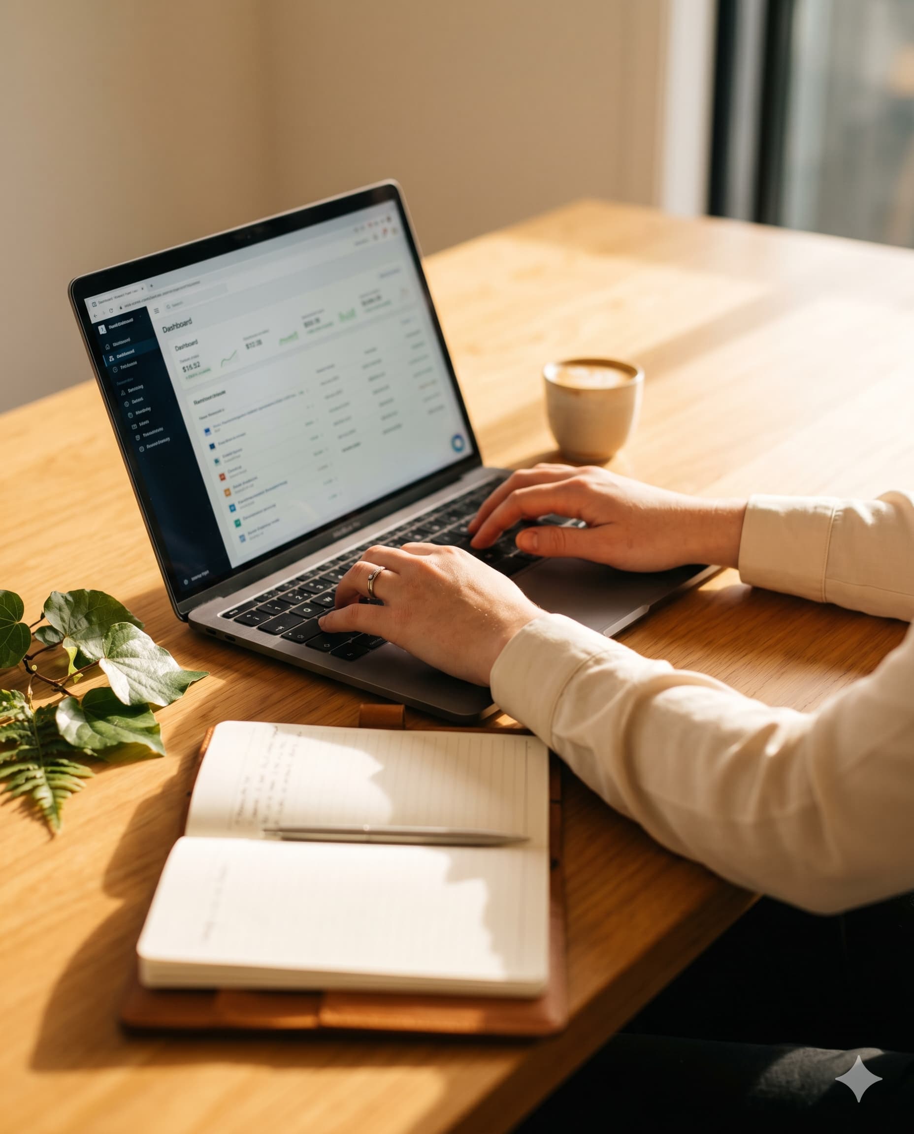 A bookkeeper working at a tidy desk with a laptop and notebook
